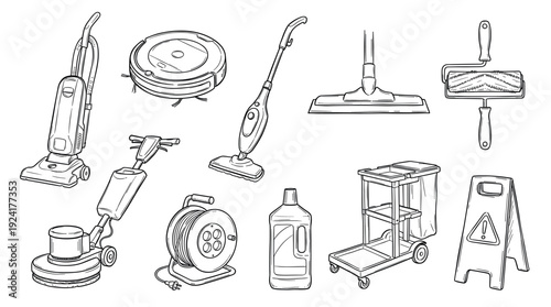 Various essential cleaning tools and equipment are depicted in a detailed black and white line art illustration, showcasing a comprehensive collection of modern and traditional cleaning devices