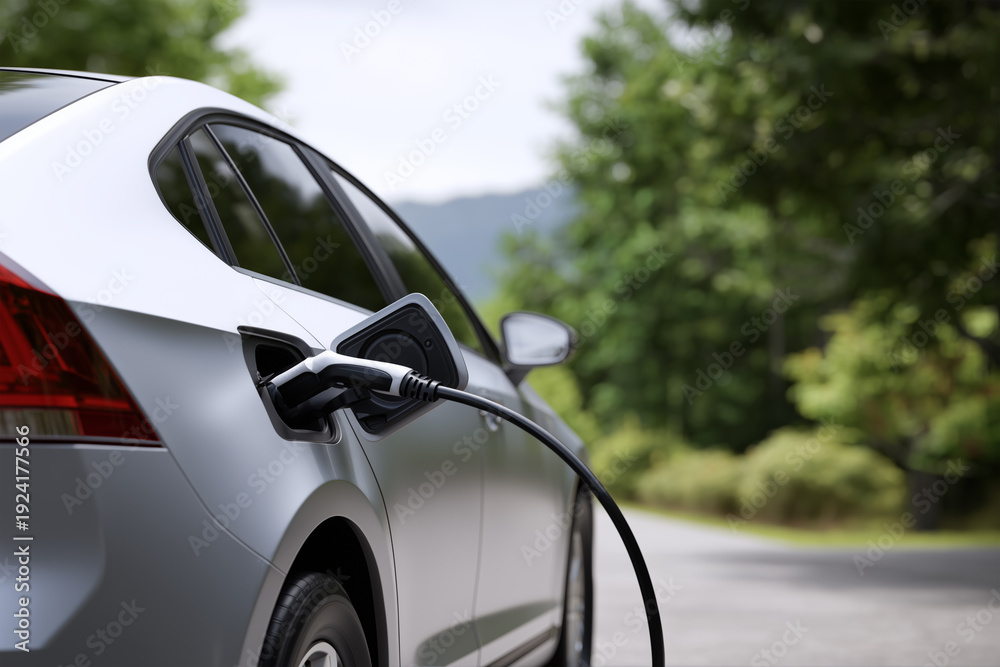 Fototapeta premium Electric vehicle charging in a serene nature setting