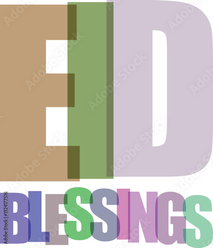 A colorful greeting card design with the words eid blessings in a modern typographic style.