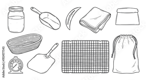 Various hand-drawn baking and bread-making tools are neatly arranged, showcasing essential equipment for homemade sourdough in a clean, illustrative outline style