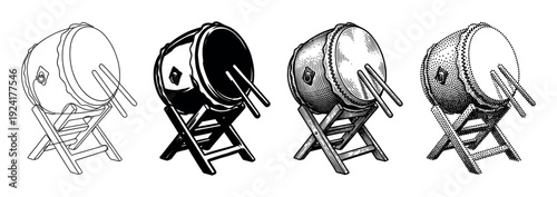 Four traditional barrel drums on stands with drumsticks, each rendered in a distinct black and white graphic illustration style, showcasing outline, solid, engraved, and stippled textures