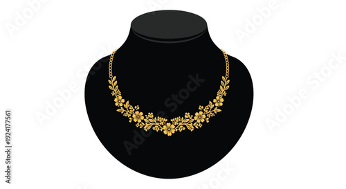 A symmetrical gold necklace with dense floral clusters and leaf motifs is showcased on a black jewelry mannequin over a white background.