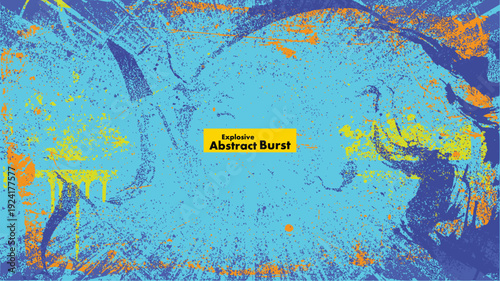 Vibrant cyan blue abstract burst texture background with dynamic paint splashes. Energetic motion effect with distressed grunge overlay. Hand-drawn expressive screen print style with gradient explosio