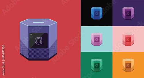 Multicolor 3D printer icons on vibrant backgrounds for design projects