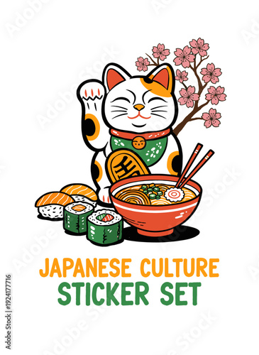 Japanese culture sticker set design. Lucky cat Maneki Neko artwork. Traditional Asian food graphics. Ramen sushi and cherry blossoms. Japan travel and
