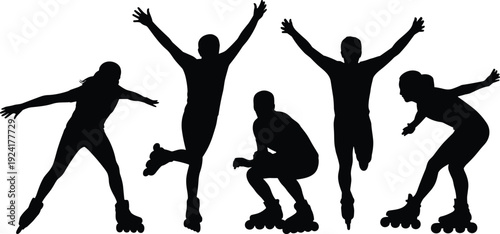 Roller Skating Silhouette Set, Men and Women on Inline Skates in Dynamic Action Poses, Black Sports Illustration Isolated on White Background