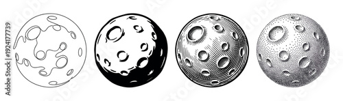 Four distinct artistic black and white moon illustrations feature diverse graphic techniques: line art, silhouette, engraving, and stippling, each depicting the celestial body's cratered surface