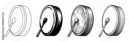 Four distinct black and white bodhrán drums with beaters are depicted in various artistic illustration styles, showcasing line art, solid fill, engraving, and stipple textures