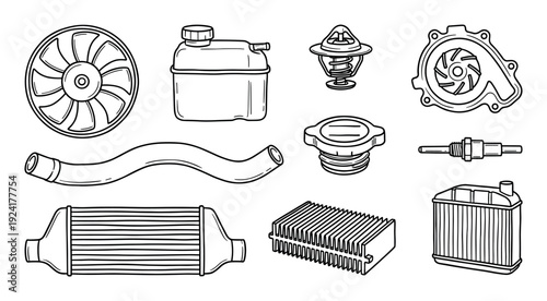 Various car engine cooling system components are neatly arranged in a detailed line art illustration, showcasing essential parts for vehicle maintenance and repair