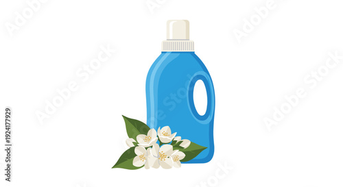 A curved blue plastic cleaning bottle with a white cap is positioned behind white flowers and green leaves on a light background.