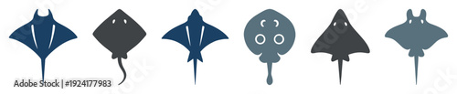 Six stylized marine ray icons are presented in a horizontal row, showcasing diverse shapes and shades of blue and grey in a clean, flat design style