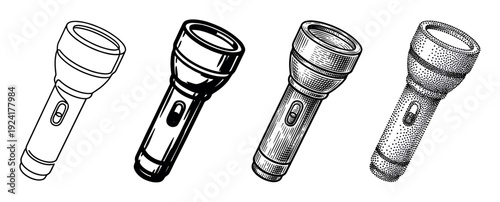 Four distinct black and white flashlights are rendered in various artistic styles, including outline, solid fill, engraving, and stipple art, showcasing different graphic techniques