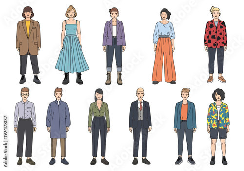 Diverse Group Of People Standing In A Line Displaying Various Styles Of Modern Clothing And Fashion Outfits Top View Fashionable Design