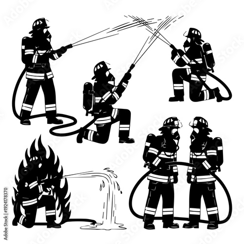 Firefighter Action Set with Hose and Water Spray Silhouette Icons