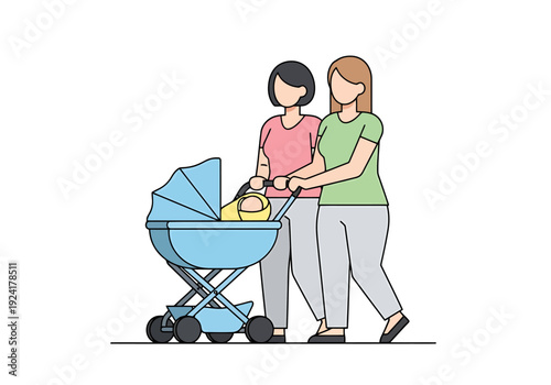 Two women pushing a baby stroller with infant inside representing family and new parenthood lifestyle
