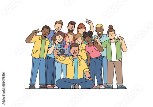 Diverse smiling young adults posing for a cheerful group selfie with a camera held by a seated person in front of a white background creating happy