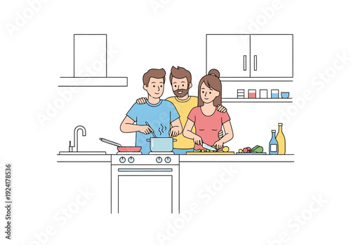 Three Friends Enjoy Preparing Food Together In A Modern Kitchen Setting With Cabinets And Appliances