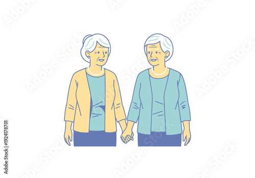 Two Elderly Women Holding Hands Standing Together Representing Companionship Love and Support Between Senior Friends