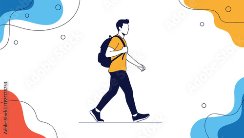 Silhouette of a young male student walking with a backpack for education, travel, and back to school marketing themes.
