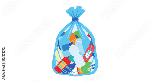 A translucent blue plastic recycling bag filled with colorful plastic bottles and containers tied at the top on a white background.
