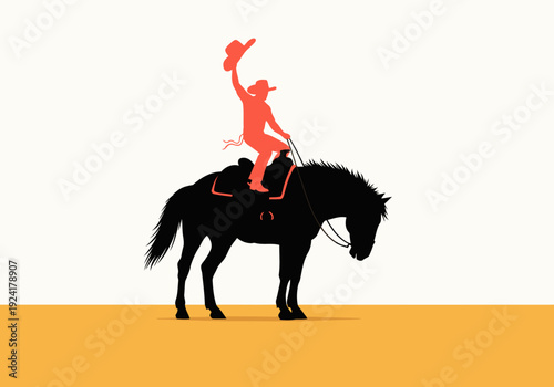 Retro Texas rodeo poster featuring a silhouetted cowboy riding a horse. Bold design, vibrant colors, and classic Western theme. Ideal for promotional materials.