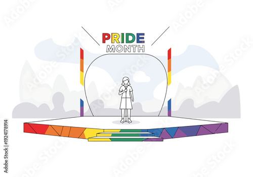 Diverse Person Stands On Brightly Colored Hexagonal Stage During Pride Month Celebration Underneath Arch Display With Rainbow Hues And Text