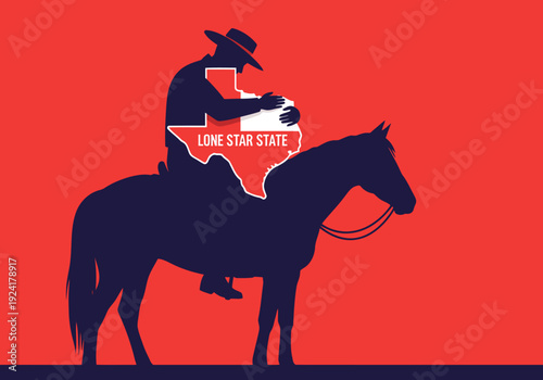 A silhouetted cowboy rides a horse across Texas, embodying Lone Star Pride. Bold colors and a dynamic composition create a striking visual for campaigns and branding.