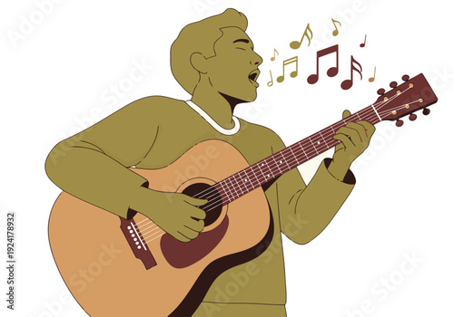 A stylish man plays guitar in Austin, Texas, evoking a retro music scene. Vibrant colors and musical notes create a lively, vintage feel. Perfect for music-related projects.