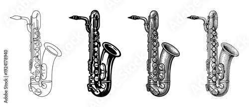 Four stylized black and white saxophones are depicted in various artistic illustration styles, showcasing distinct line art, solid graphic, detailed engraving, and stipple dot techniques