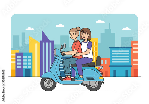 Two Women Riding Scooter Side By Side Through Modern Cityscape With Buildings And Sky Background Flat Design