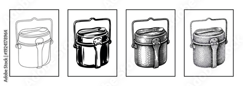 Four distinct black and white illustrations of a camping mess kit, showcasing diverse vintage art styles: outline, solid, hatched, and stippled designs, complete with spoon and handle