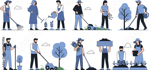 People Gardening and Yard Work Flat Vector Illustration Set with Gardeners Planting Watering Mowing and Harvesting Plants Outdoor Nature Lifestyle Collection Design