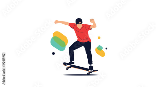 Young man riding a skateboard performing a trick on a white background for urban sports and youth lifestyle themes.