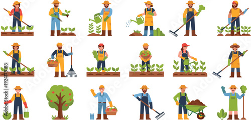 Farmers Gardening and Harvesting Vegetables Flat Vector Illustration Set with Agricultural Workers Planting, Watering, Raking, and Collecting Crops Isolated Collection for Farming Design