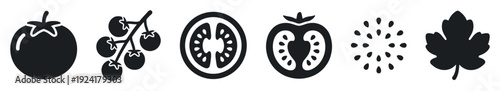 Various black silhouette tomato and leaf icons are displayed in a clean, minimalist graphic style, perfect for web design elements or educational materials