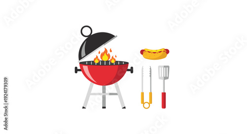 A red kettle barbecue grill with burning flames inside next to a hot dog metal tongs and a red spatula.