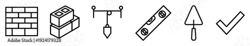 Collection of six construction and building line art icons, including a brick wall, cinder blocks, plumb bob, spirit level, trowel, and a check mark, presented in a clean, minimalist outline style