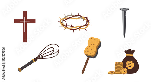 A collection of six flat vector illustrations depicting a wooden cross crown of thorns metal nail whip sponge and money bag.