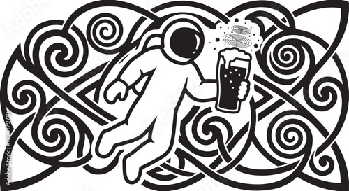 Astronaut floating in space with celtic knot nebula and galaxy beer