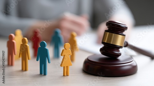 A gavel sits on a table with wooden and colorful paper figures. Scales of justice are visible on a white wall behind the scene