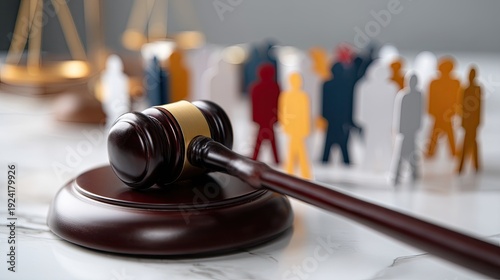 A gavel sits on a table with wooden and colorful paper figures. Scales of justice are visible on a white wall behind the scene