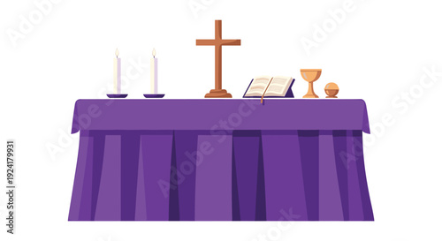 A wooden cross stands centered on a purple draped altar table alongside two lit candles an open bible a golden chalice and a small bowl.