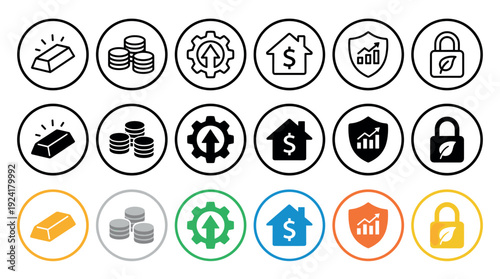 Comprehensive collection of financial, investment, and security icons, presented in outline, solid, and vibrant color variations, symbolizing diverse economic concepts