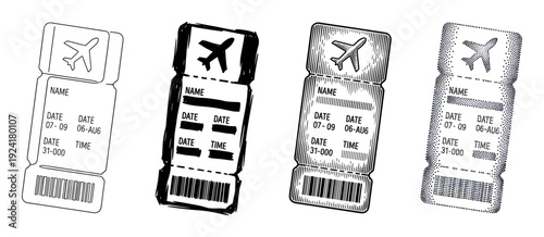 Four stylized airplane tickets are displayed, each featuring a distinct artistic rendering including outline, solid, engraved, and dotted styles, complete with flight details and barcodes