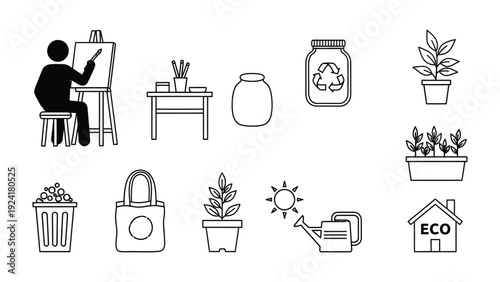 Eco-Friendly Lifestyle Elements: A collection of simple line art illustrations portraying the essence of an eco-conscious lifestyle, emphasizing artistic expression, sustainable practices.