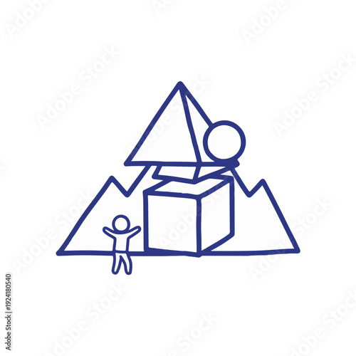 Vector outline tiny human figure standing before massive geometric mountain task representing overwhelming challenge and project management scale.