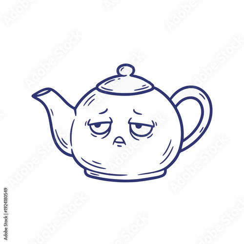 Hand-drawn vector tired teapot character with exhausted facial expression symbolizing burnout and low energy in office breakroom context.