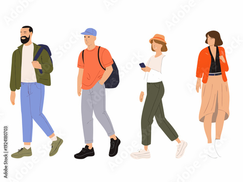 Four diverse individuals depicted in a flat vector illustration walking in a casual style