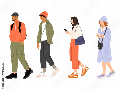 Four diverse people walking in a row each with distinct clothing and accessories