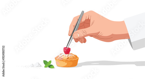 A hand wearing a white sleeve uses metal tweezers to position a red raspberry on top of a small powdered tart next to mint leaves and sugar.